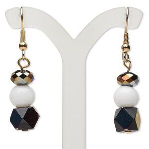 Handcrafted India Black White Oil Slick Glass Beads Brass Dangle Earrings